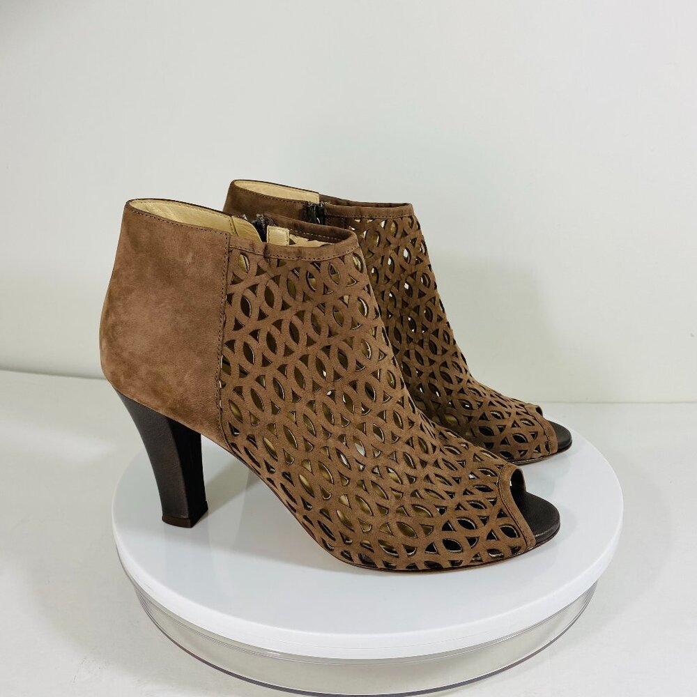 Marchez Vous Leather Ankle Boot Women 8.5 Brown Peep Toe Cutout‎ Zipper Heeled